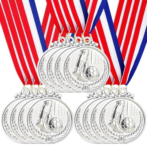 Santme 12 medaglie di premio, medaglietta di calcio in argento con nastri, per concorsi, sport, stile olimpico, diametro ca. 5,0 cm