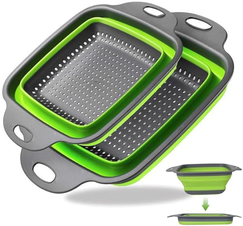 2 Setaccio da Cucina Pieghevole in Silicone,2-in-1 Scolapasta Pieghevole con Scarico - Colino Pieghevole Silicone & Cestino Lavaggio Frutta, Set Colini Pieghevoli da Cucina (Verde)