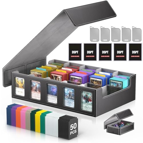 Ksyycm Boîte rangement cartes MTG avec vitrine Commander, 3900+ cartes, deck box 5 compartiments avec couvercle amovible, organiseur TCG PTCG cartes sport, compatible Toploader, 50 séparateurs (Noir)