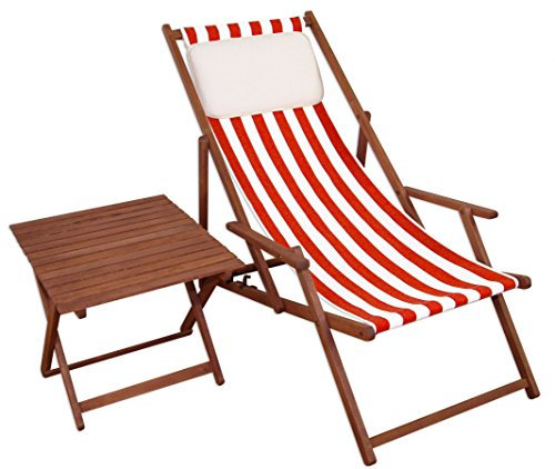 Erst-Holz Gartenliege rot-weiß Liegestuhl Tisch Kissen Sonnenliege Deckchair Buche dunkel 10-314 T KH