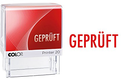 COLOP textstämpel Printer 20 testat, rött avtryck, för omedelbar användning. Färdiga stämplar med lagertext och röd kudde