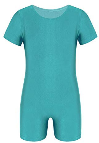 iEFiEL Unisex Kinder Jungen Mädchen Kurzarm Turnanzug Gymnastikanzug Trikot Leotard Basic Einfarbig Tanzbody Gymnastikbody Turnbody für 4-14 Jahre Türkis 140