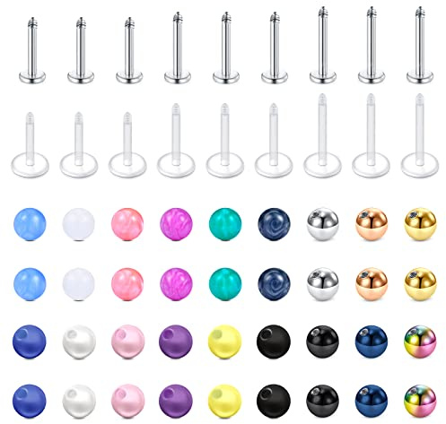 Longita 16G 6-10MM Bar Lip & Helix Piercing Set - Stainless Steel & Acrylic Replacement Balls for Tragus Earrings & Labret Lip Studs