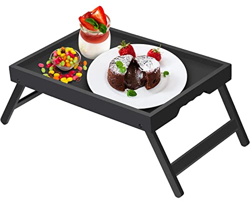 Artmeer Bed Tray Table with Folding Legs,Bamboo Breakfast in Bed for TV Table, Laptop Computer Tray,Eating,Snack Tray(Black)