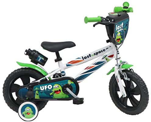 Vélo ATLAS Jungen 12 Zoll Jungenfahrrad UFO Ausgestattet mit 1 Bremse, Dekorativer Frontplatte, Kanister Hinten, Schmutzschutz, Gehäuse und Stabilisatoren, Weiß, 12''