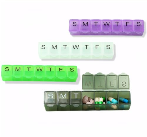 4 Pack Weekly (7-Day) Pill Organizer, 7 Days Pill Case Travel Daily Pill Box Portable Medicine Organizer and Planner with Compartment for Vitamins, Fish Oil, Supplements and Medication (4, Color)