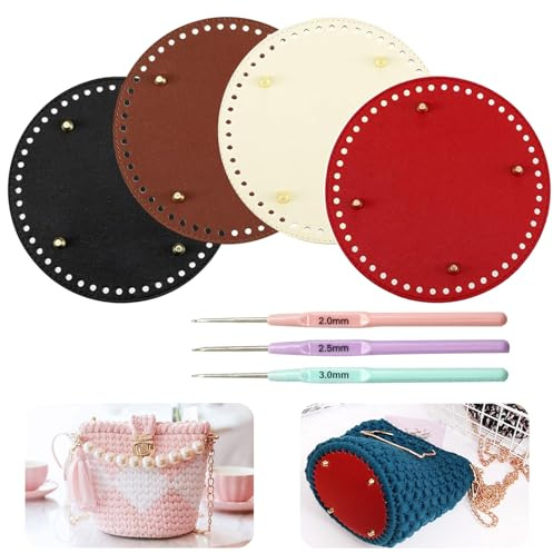 Vueinrg [7 Pz] Fondi per Borse Uncinetto,15cm Rotondo Fondo per Borsa Accessori con Fori,Cuscino Fondo Borsa con 3 Dimensioni di Ganci(2,0,2,5,3,0 mm) per Fare Borse a Tracolla Accessori Fai