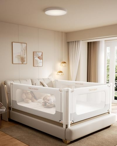 Bed Rail for Toddlers, Thickened & Reinforced Toddler Bed Rails with Double Child Lock, Upgraded Kids Baby Bed Rail Guard/Bed Side Rails for Queen, King Size,White/Grey, 1Side, 78.7 Lx28 H