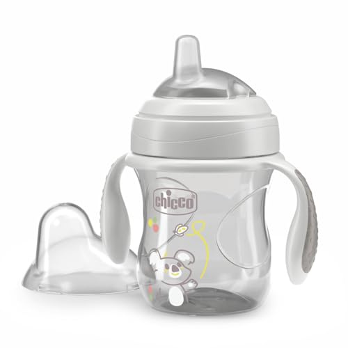 Chicco Transition Cup Coupe anti-goutte pour bébé 200ml, 1 tasse à biberon 4 mois et plus pour apprendre à boire, avec bec ergonomique en silicone, double valve anti-antiolique, sans BPA - Gris