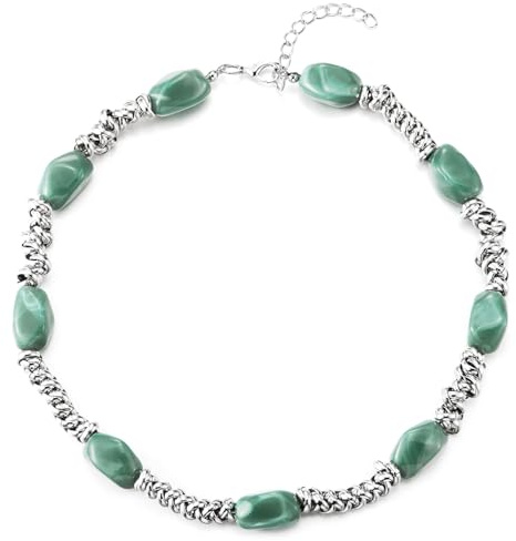 COOLSTEELANDBEYOND Verde Pietra preziosa Perline Collana con Intrecciato Catena del Grano, Choker Collare Collana, Boemo Chic Stile