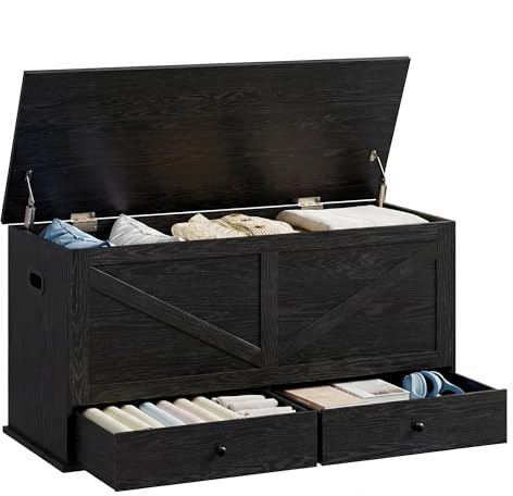 VASAGLE Storage Chest, Storage Bench with 2 Fabric Drawers, Farmhouse Style, for Entryway, Bedroom, Living Room, 15.7 x 39.4 x 19.9 Inches, Ebony Black ULSB043B02
