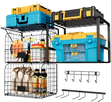 Swociro Garagenregale zur Wandmontage mit Drahtkörben, Robustes Garagen-Wandregal für die Garage mit Gartengeräteständer und Haken, Lagerregale für Haus, Garage, Garten，3 Stück (Black, 40X30X30cm, 3)