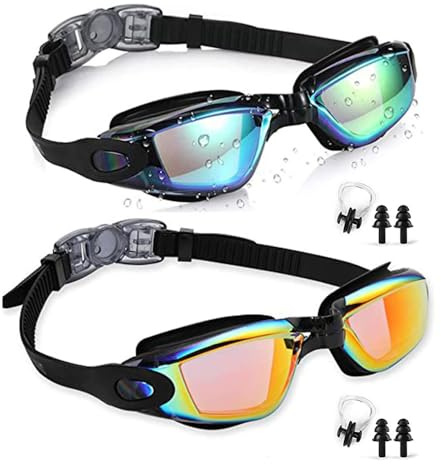 XFSRG 2 Piezas Gafas Natacion Hombre Mujer Anti Empañante y Protección UV con Caja de Gafas para Nadar Bucear(Oro + Naranja)