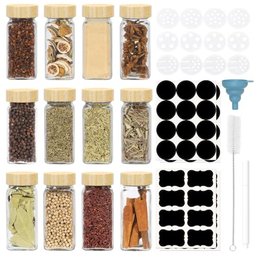 GLOSKIN Set porta spezie per cucina, barattoli vetro con coperchio con coperchi di bambù, 12 vasetti vetro piccoli da 120 ml con coperchi diffusori, etichette impermeabili, imbuto