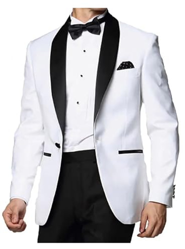 Trajes de hombre blancos un botón, elegantes trajes boda, chaqueta 1 pieza con solapa chal negra, abrigo ajustado lujo para Bodas(L)