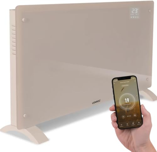 VONROC Konvektorelement 2500 W med WiFi och glaspanel | Elektriskt element för rum upp till 30 m² – appstyrning, timer, termostat – fristående eller väggmonterat, beige
