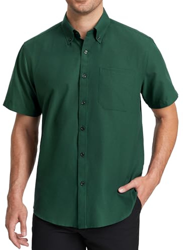HISDERN Camicia Uomo Maniche Corte Verde Scuro Oxford Button Down Camicie Uomo Estiva da Ufficio Manica Corta con Tasca vestibilità Regolare, L