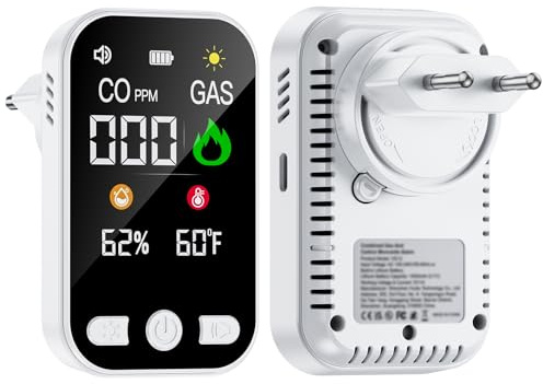 4 in 1 Plug in Rilevatore di monossido di carbonio, allarme CO portatile, rilevatore di gas con batteria ricaricabile integrata da 1000 mAh e schermo HD [CO Temp Umidità] - Norma EN 50291 - Bianco