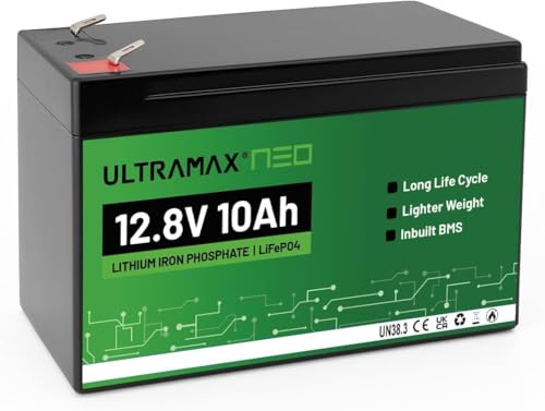 ULTRAMAX NEO 12V LiFePO4 Lithium Battery (6Ah-18Ah), 4000-10000+ Deep Cycles, Built-in BMS, Lightweight Rechargeable for Ride-On Toys, Fish Finder, Trolling Motor, Solar, UPS, RV, Scooter (12.8V 10Ah)