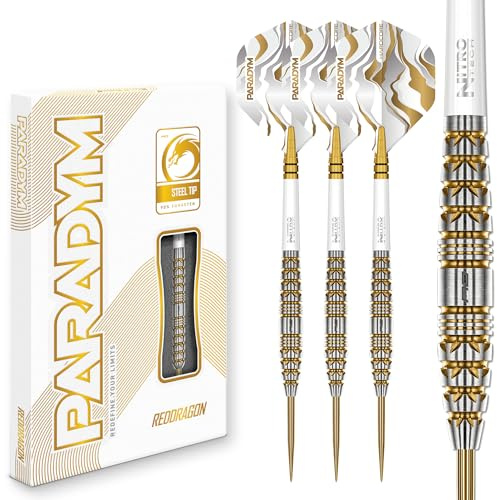 RÖD DRAGON Darts - Paradym Gold Series - 90 % professionellt set med volframpilar - Inkluderar flyg och stjälkar | Finns i 18 g mjuk spets och stålspets 22 g, 23 g, 24 g, 25 g och 26 g
