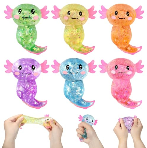 6 Pezzi Giocattolo Antistress Axolotl - Squishy con Glitter in 6 Colori, Morbidi Giocattoli da Schiacciare per Adulti e Bambini, Giocattoli Fidget e Sensoriali