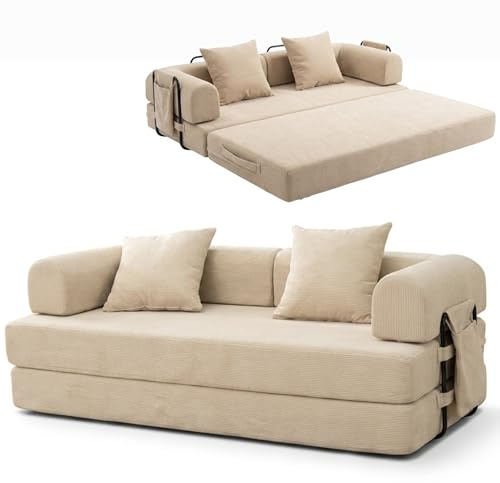 Lynna Sofa Cama 3 plazas sin Montaje – Sofa Modular autoexpandible Convertible en Cama Doble Grande, cómodo y versátil para Salones Modernos y Pisos pequeños, 200x94x70 cm (Beige)