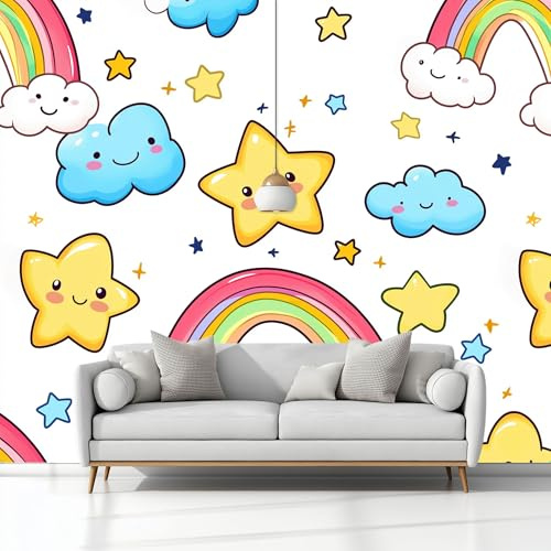 Carta da Parati 3D Cartoni Animati Faccine Sorridenti Stelle Nuvole 250 x 175 cm, Fotomurale (Tessuto Non Tessuto) per Soggiorno e Camera da Letto, Poster Gigante Design Non Autoadesiva Bianco