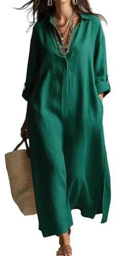 Women Dresses Linen-Cotton Long Sleeve Lapel Flowy | Ladies Summer Dresses for Outings, Beach, Vacation, Daily Wear