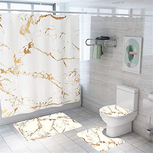 Morbuy Juego de 4 Piezas de Alfombra de baño Antideslizante + Tapa de Inodoro + Alfombrilla de baño + Cortina de Ducha, Impresión de mármol (Beige)