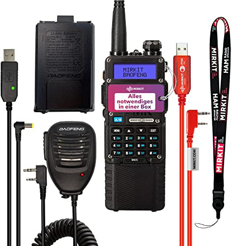 MIRKIT Funkgeräte Set BAOFENG VHF UHF VOX Funkgerät Set mit BAOFENG MaxPower MK5 mit 3800 und 1800 mAh Akku, Lautsprecher Mikrofon,Programmierkabel,Amateurfunk Handfunkgerät Kordel-Extra Pack Schwarz