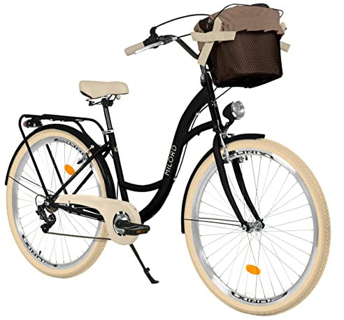 Milord Komfort Fahrrad mit Korb Hollandrad, Damenfahrrad, Citybike, Retro, Vintage, 26 Zoll, Schwarz-Creme, 7-Gang