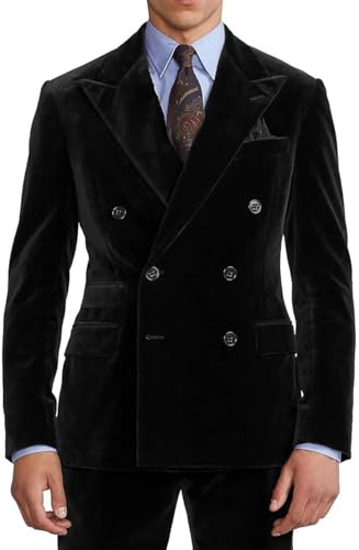 Black Men Velvet Suit 2 Piece Double Breasted Blazer Groom Tuxedo Formal Wedding Prom Party Dinner Suit Size XL
