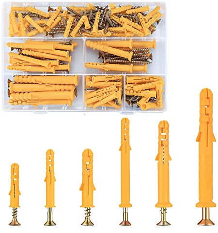 90 PCS Wall Plugs & Screws Set, 6 Sizes of M6/M8/M10 Hollow Wall Anchor Screws and Wall Plugs Kit for Brick, Concrete, Masonry, Drywall, 45 Masonry Self Tapping Screws & 45 Expansion Pipe Anchor Bolts