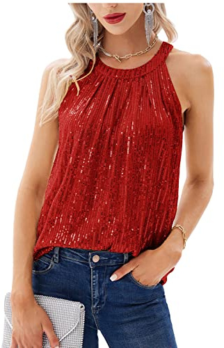 Dressy Sequin Tank Top for Women Sleeveless Bling Bight Round Neck Top Clubwear Date Night Outfit for Women Bright Red XL