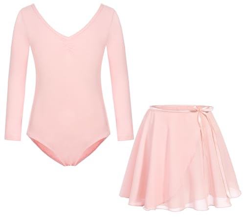 FONLAM Vestido Maillot de Ballet Danza para Niña Maillot Gimnasia Manga Larga Falda Ballet Tutú Leotardo de Baile (3-4 Años, Rosa)