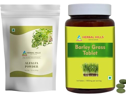 HERBAL HILLS Alfalfa Leaf Powder and Barley Grass Tablets Pack of 2 Combo