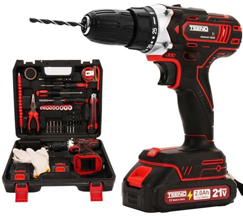 TEENO Destornillador Inalámbrico para Batería Makita de 21V 2 * 2.0 Ah baterías, 45 Nm,25+1 ajustes de par, 2 velocidades, luz LED, 46 accesorios y maletín, ideal para trabajos de carpintería.