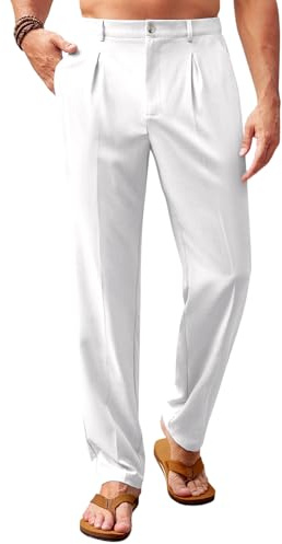 Runcati Mens Casual Linen Pants Elastic Waist Lightweight Loose Fit Pleated Slacks Summer Beach Yoga Trousers White