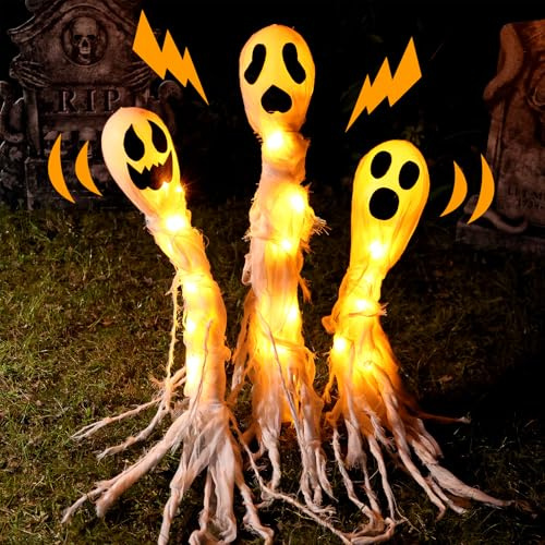 Bunny Chorus Halloween Decorations Outdoor: 3 Pack Lighted Up Ghost Yard Stakes, Spooky Ghosts Pathway Markers Lights Yard Decor, Battery Operated Trick or Treat Halloween Decor for Home Patio Lawn
