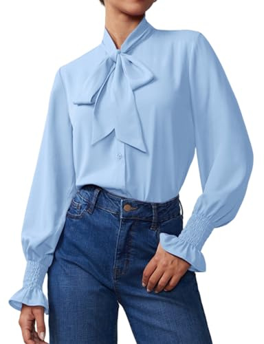 Neweek Chiffon Blouses for Women Bow Tie Neck Long Sleeve Dressy Casual Smocked Cuffed Shirts Office Work Blouse Elegant Tops, Light Blue, XXL