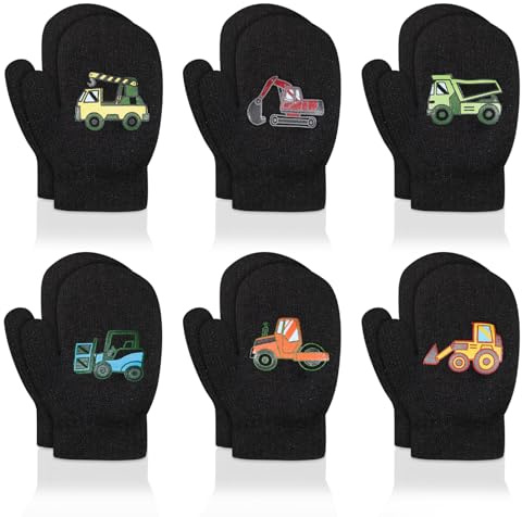 Jamntower 6 Pairs 2-4 Toddler Magic Mittens Gloves Winter Kids Mittens Unisex Baby Warm Knitted Stretch Gloves (Engineering Vehicles)
