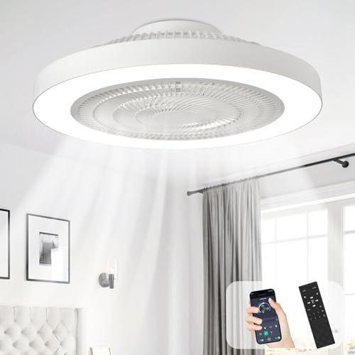 Depuley Flush Mount Ceiling Fan: 20 Inch Bedroom Modern Low Profile Led Ceiling Fans with Light - Smart APP and Remote Control White Bladeless Fandelier Dimmable Quiet DC Motor for Kitchen Lighting