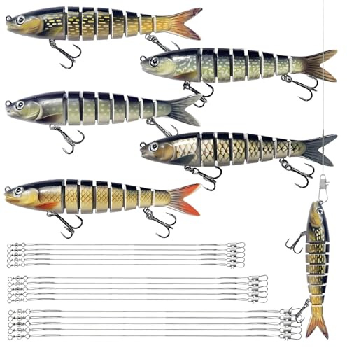5 señuelos de pesca Wobbler, 15 unidades, anzuelos de acero, 7 x 7 (15/25/30 cm), biónicos, para lucio, multiarticulación, adecuado para pesca Barracudas, lubina, trucha
