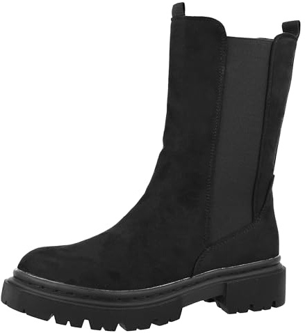 Yinka Women's Mid-Calf Black Faux Suede Chunky Platform Sole Side Zip Closure Combat Boots (Black, 6, UK Footwear Size System, Adult, Women, Numeric, Medium, 6)