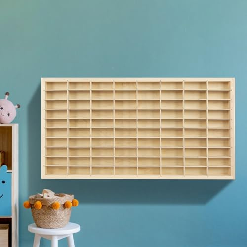 80 Slot Wall Mounted Solid Wood Display Shelf for 1:64 Model Cars | Open Tier, Hot Wheels Matchbox Organizer Rack, 10 Layer, Wooden Cube Storage, Without Door