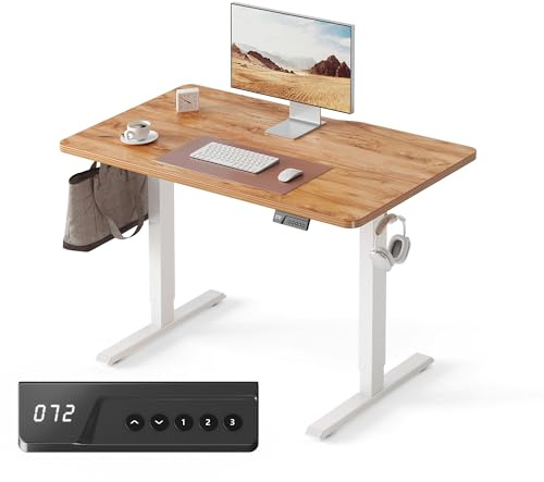 FEZIBO Electric Standing Desk 100 x 60 cm, Height Adjustable Computer Desk with Memory Presets, Sit Stand Home Office Desk, White Frame with Light Brown Top