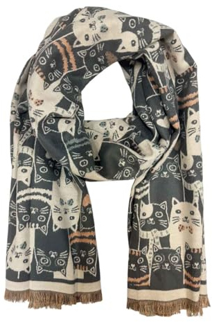 Sciarpa XXL per gatti, invernale, autunno, con motivo a pois, in cotone con frange, 25 W, grigio, 190 x 68 cm