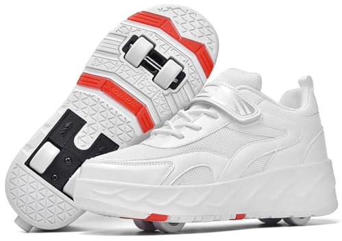 YADLCR Chaussures De Skateboard, Chaussures À roulettes, Chaussures De Sport, 2 en 1 Multifonctions 4 Roues Patins À roulettes Roue Arrière Cachée(Blanc,43 EU)