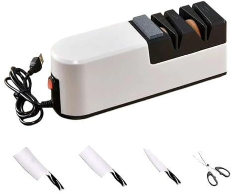 Affilacoltelli Elettrico 5 in 1, Affilacoltelli Professionale con Meule Diamantate per Affilatura Grossolana e Finitura – Per Coltelli a Lama Dritta, Forbici, Cucina. Alimentazione USB
