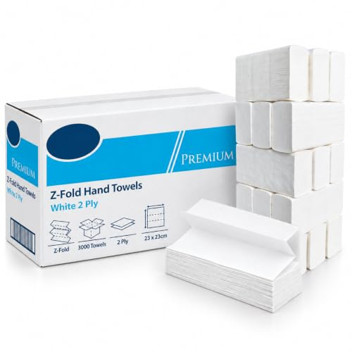 3000 x Z‑Fold Paper Hand Towels – White 2‑Ply Paper Towels, 23cm x 23cm – High Absorbency, Soft Hygienic Disposable Paper Towel for Washrooms, Kitchens, and Commercial and Home Use